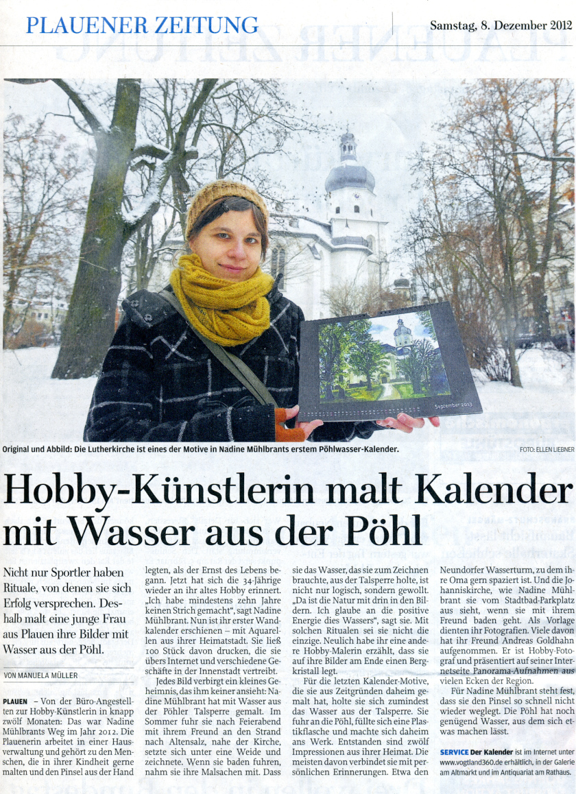 Freie Presse 08.12.2012, Aquarellkalender, Pöhlwasserkalender